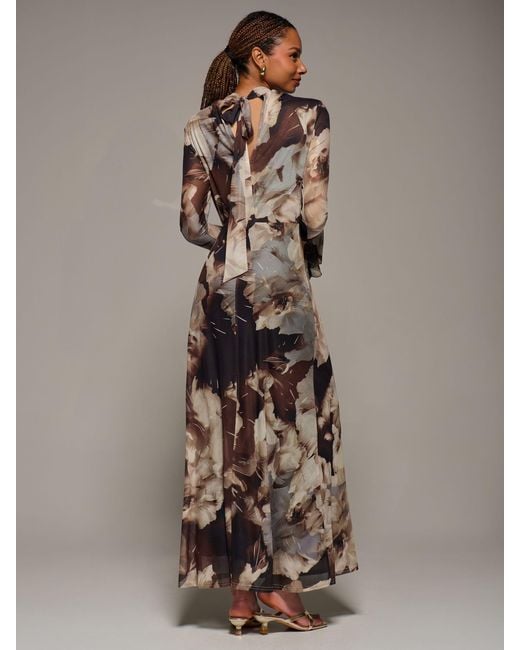 Jolie Moi Brown Ruffle Long Sleeve Mesh Maxi Dress