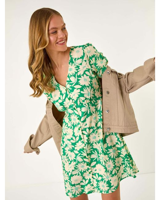Roman Green Daisy Print V-Neck Tea Dress