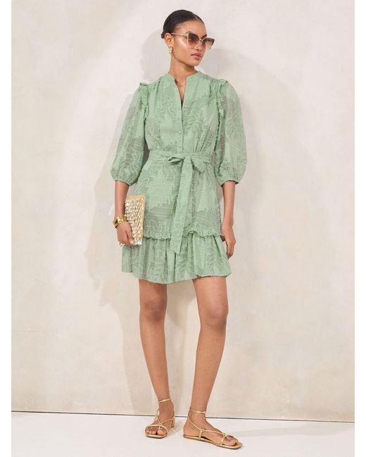 Lipsy Green Textured Burnout 3/4 Sleeve Belted Mini Shirt Dress
