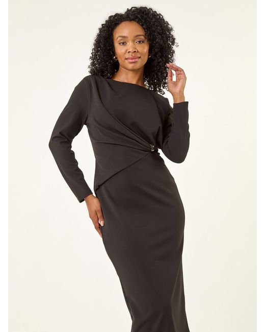 Roman Black Petite Gathered Stretch Midi Dress