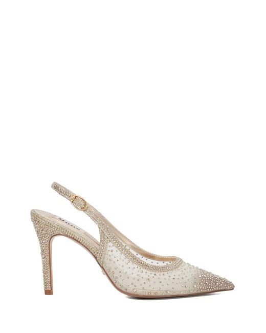 Dune White Compassionate Metalised Fibre Kitten Sling Back Heels