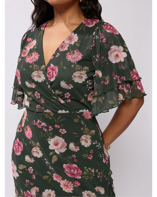 Yours Curve Green London Wrap Ruffle Mesh Dress