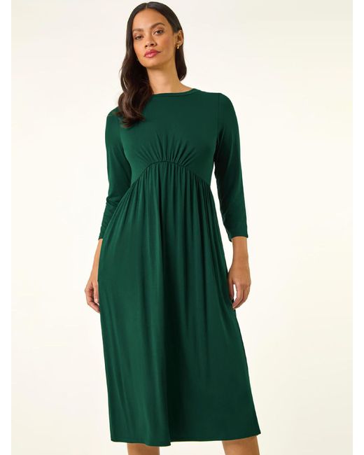 Roman Green Gathered Pocket Stretch Midi Dress