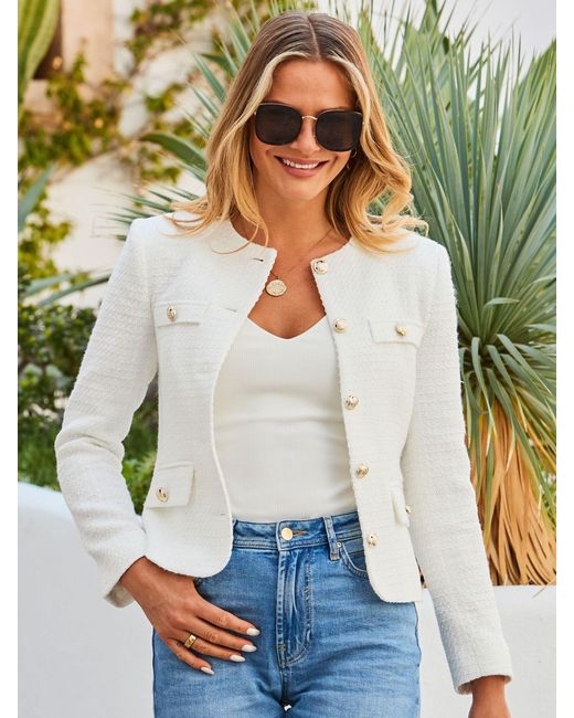 Sosandar White Boucle Collarless Jacket