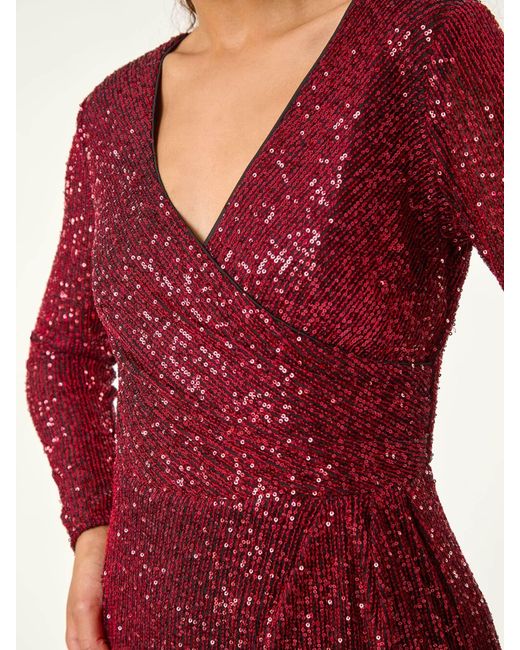 Roman Sequin Front Wrap Midi Stretch Dress in Red | Lyst