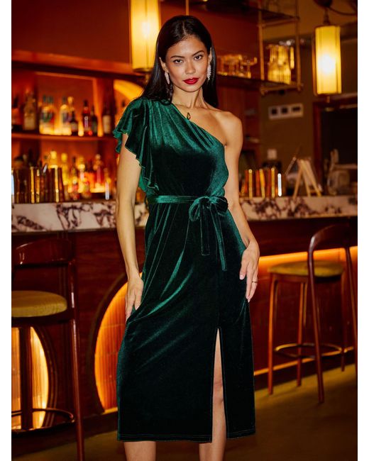 Yumi' Orange Velvet Frill One Shoulder Midi Dress With Split Hem