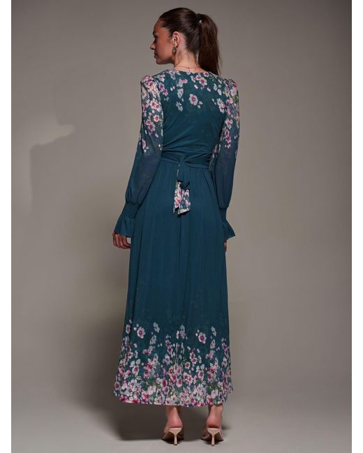 Jolie Moi Blue Mirrored Print Long Sleeve Mesh Maxi Dress