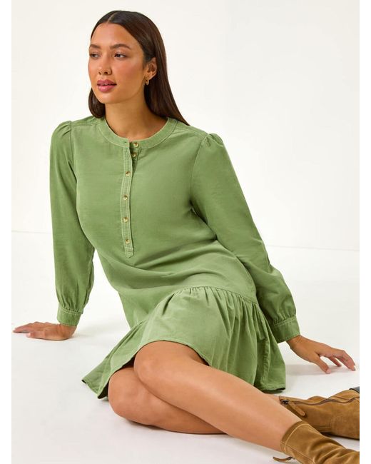 Roman Green Corduroy Button Detail A-Line Dress
