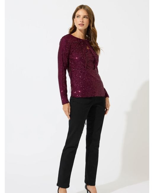 M Com Purple Sequin Twist Neck Keyhole Top