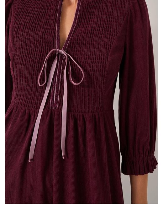 Monsoon Red Sara Smocked Corduroy Midi Dress