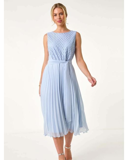 Roman Blue Petite Lace Pleat Midi Dress