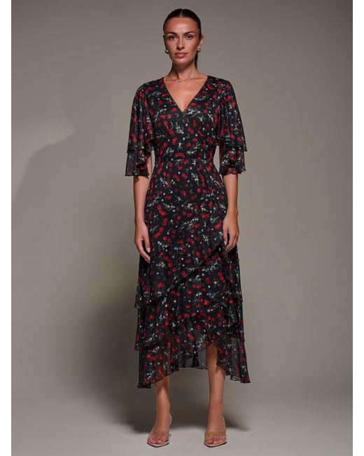 Jolie Moi Gray Frill Trim Mesh Maxi Dress