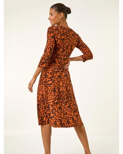 Roman Orange Spot Wrap Bodice Dress