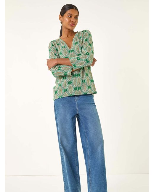 Roman Green Geometric Print Stretch T-Shirt