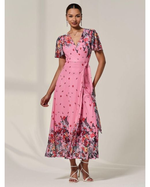 Jolie Moi Pink Floral Mirror Mesh Wrap Maxi Dress