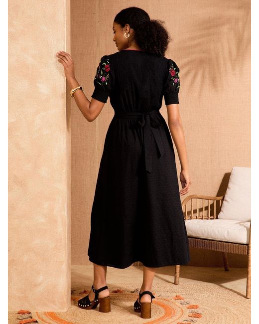 Love & Roses Black Dobby Embroidered V-Neck Short Sleeve Midi Dress