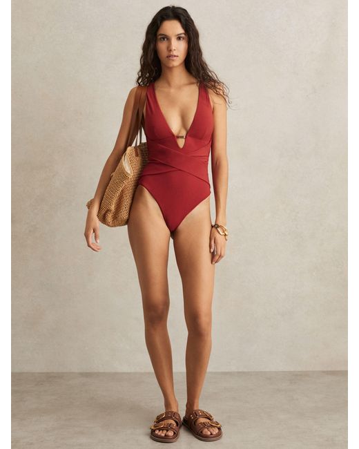 Reiss Red Plunge Halterneck Swimsuit