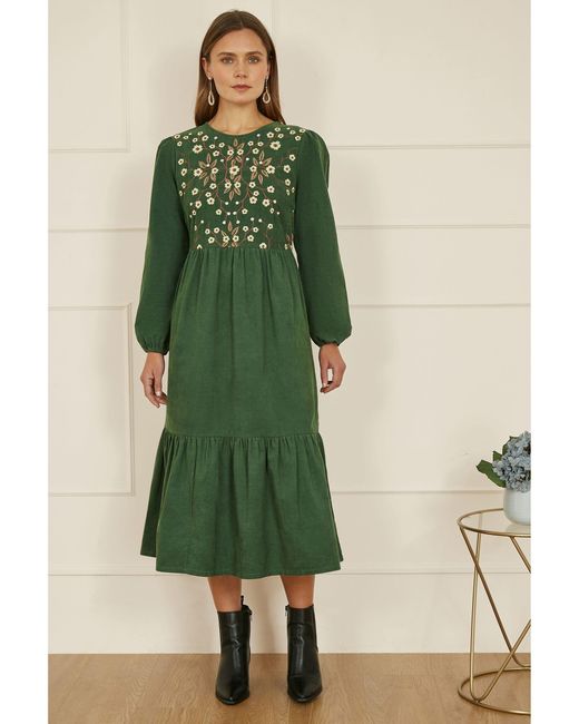 Yumi' Green Long Sleeve 100% Cotton Midi Dress With Floral Print Embroidery Bodice