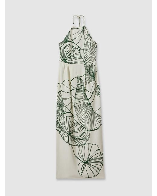 Reiss White Lexi Floral Sketch Halter Neck Maxi Dress