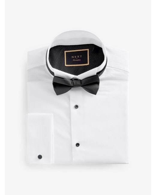 Next Black Slim Fit Textured Double Cuff Long Sleeve Shirt With Wing Collar And Bow Tie Pack for men