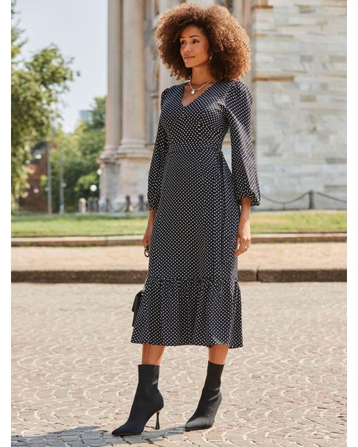 Sosandar Gray Spot Print Belted Midi Dress