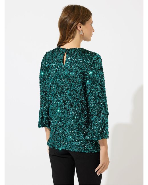 M Com Green Sequin Long Flute Sleeve Top
