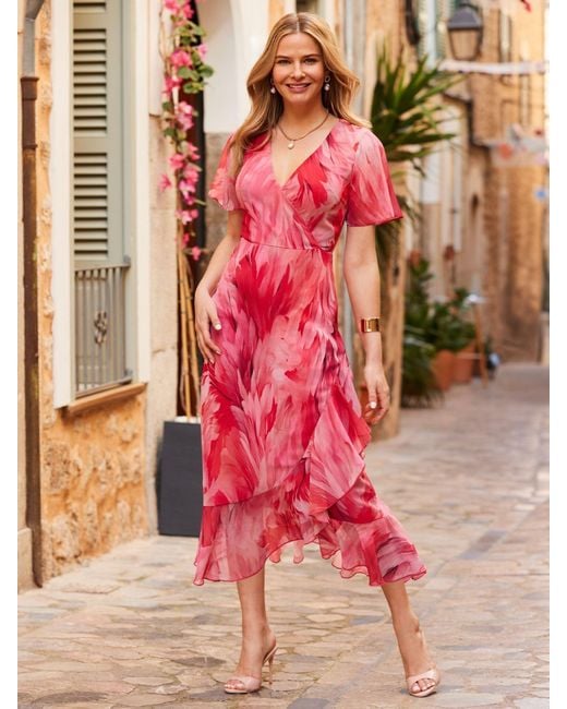 Sosandar Pink Petite Feather Print Wrap Dress