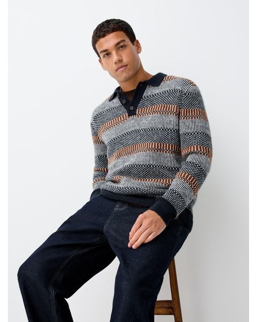 Next Blue Regular Fit Stripe Long Sleeve Knit Polo Shirt for men