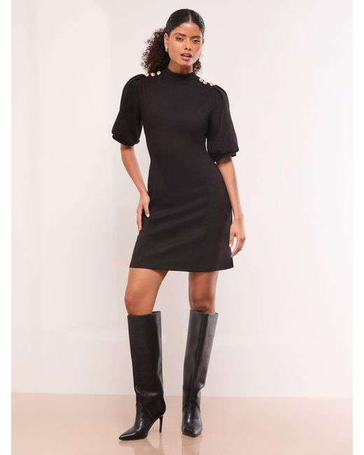 Lipsy Black Faux Suede Puff Sleeve Mini Shift Dress With Buttons