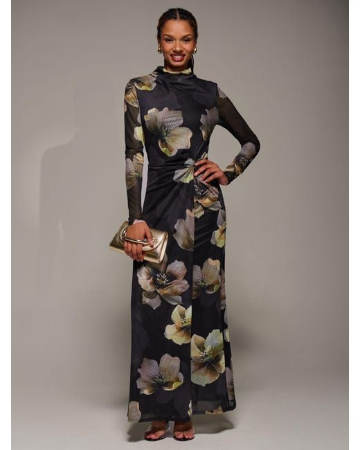 Jolie Moi Gray High Neck Long Sleeve Mesh Maxi Dress