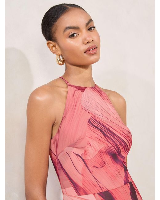 Lipsy Pink Printed Halter Chiffon Sleeveless Maxi Dress