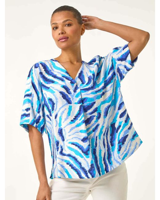 Roman Blue Animal Print Pleated Tunic Top