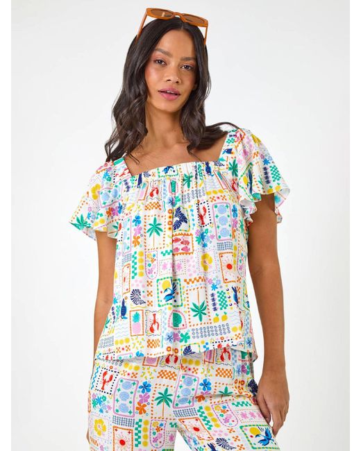 Roman White Patchwork Palm Ruffle Shirt