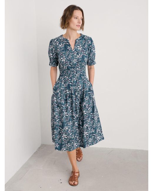 Seasalt Cornwall Blue Edith Smocked 100% Cotton Midi Dress