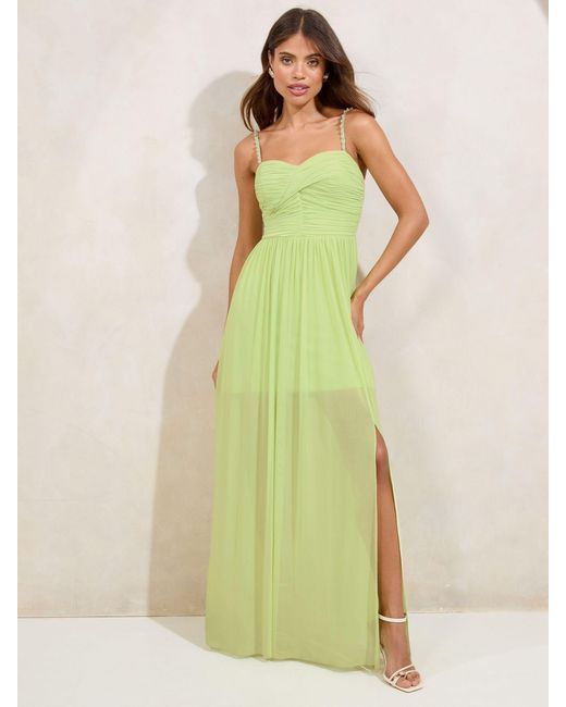 Lipsy Embellished Strap Ruched Mesh Maxi Dress in Green | Lyst