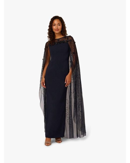 Adrianna Papell Blue Bead Cape Crepe Long Dress