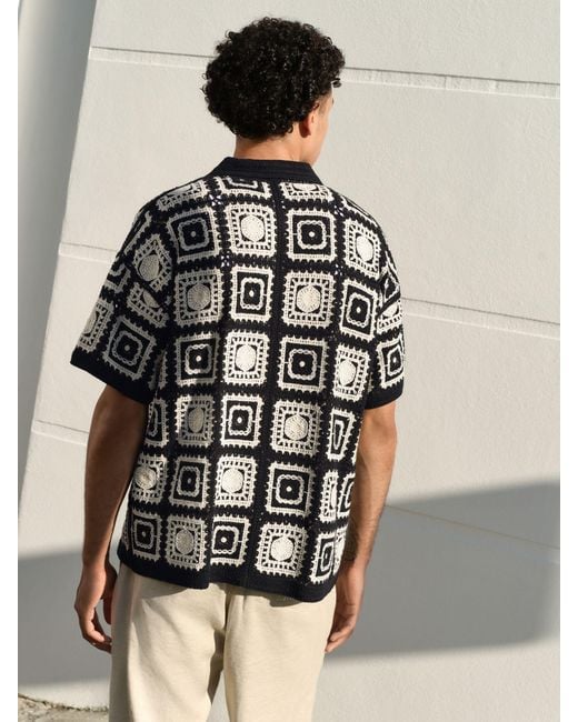 Next Black Relaxed Fit Cotton Rich Short Sleeve Knit Crochet Pattern Button-Through Polo Shirt for men