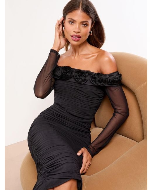 Lipsy Flower 3D Trim Bardot Long Sleeve Mesh Bodycon Midi Dress in Black | Lyst Lipsy Flower 3D Trim Bardot Long Sleeve Mesh Bodycon Midi Dress in Black | Lyst