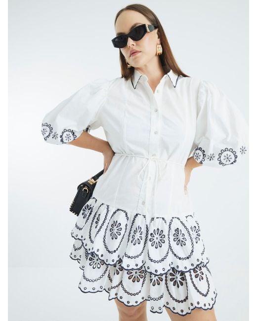 River Island White Cutwork Mini 100% Cotton Shirt Dress
