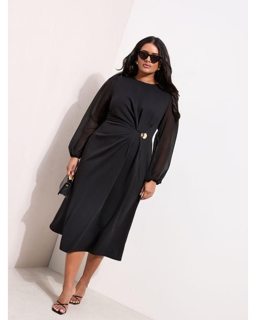Friends Like These Curve Chiffon Long Sleeve Hardware Detail Midi Dress in  Black