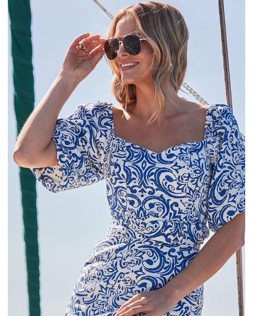 Sosandar Blue Scarf Print Linen Blend Puff Sleeve Belted Dress
