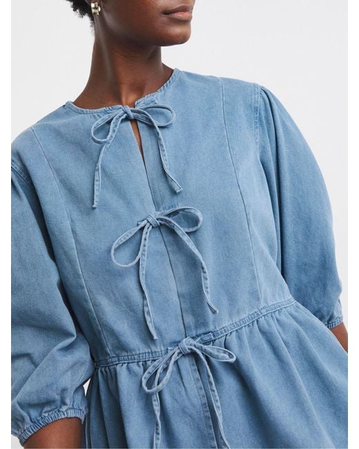 JD Williams Blue Peplum Puff Sleeve Denim Top