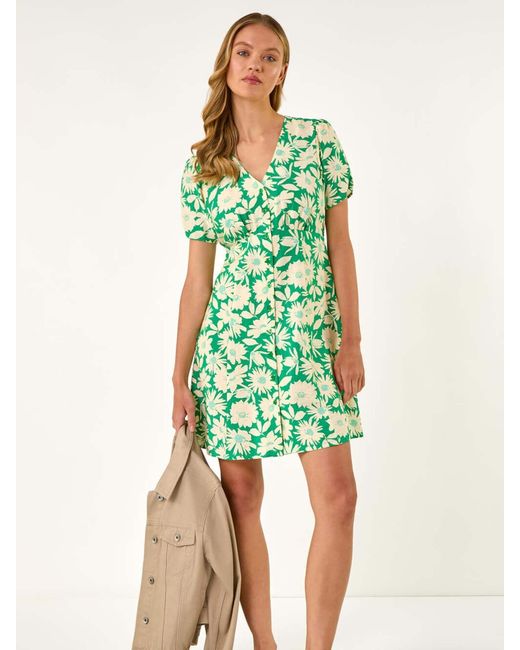 Roman Green Daisy Print V-Neck Tea Dress
