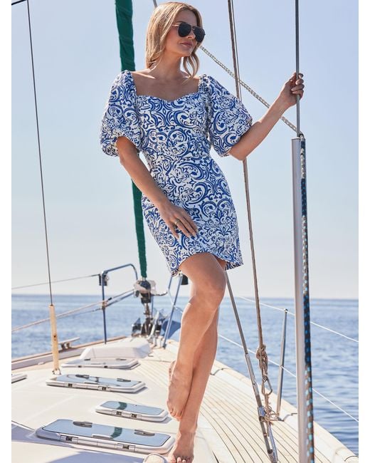 Sosandar Blue Scarf Print Linen Blend Puff Sleeve Belted Dress