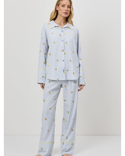 ARUELLE Blue Lenora Embroidered Striped Long Pyjamas Set