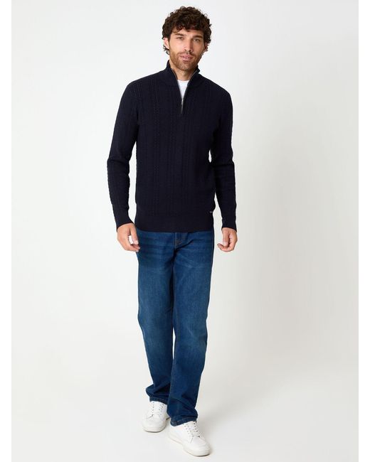 Threadbare Blue Cable Knit Quarter Zip Jumper for men