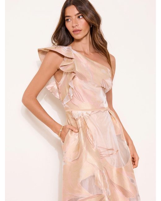 lipsy one shoulder two tone bodycon dress Premium Jacquard Maxi in Natural with an inner lining