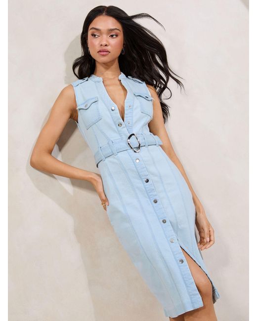 Lipsy Blue Sleeveless Denim Belted Shirt Dress