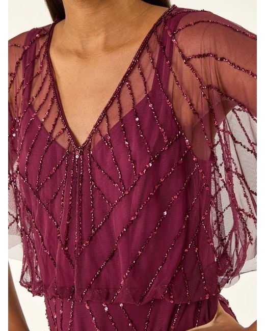 Roman Purple Beaded V-Neck Midi Dress