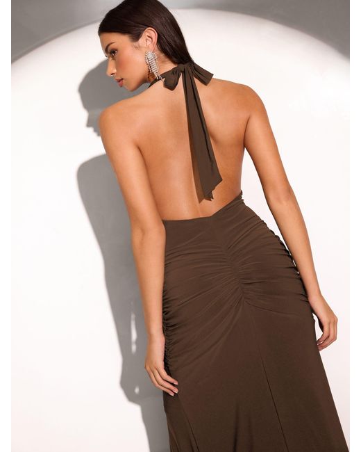 Lipsy Slinky Diamonte Ruched Backless Fishtail Maxi Dress in Brown | Lyst Lipsy Slinky Diamonte Ruched Backless Fishtail Maxi Dress in Brown | Lyst